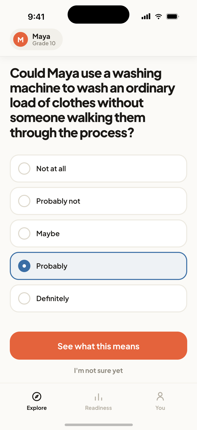 Adultify readiness question screen